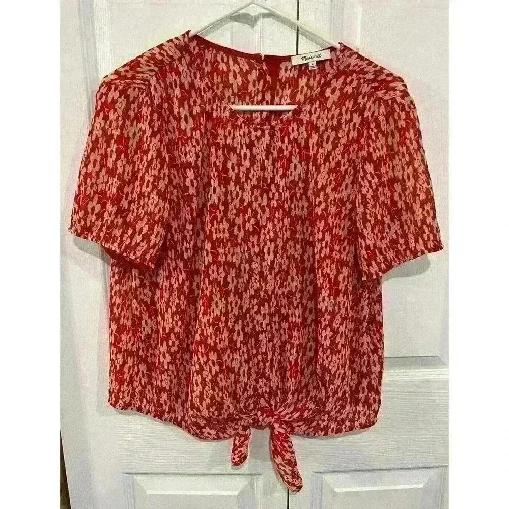 Madewell Sz Medium Crinkled Button Back Tie Front Floral Blouse Top